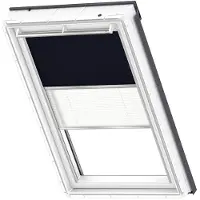 Velux Vorteils-Set Verdunkelungsrollo uni dunkelblau und Faltstore Plissee weiß manuell Rahmen aluminium DFD P10 1100S