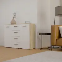 Matkam Kommode Helena B120 x H84,5 x T35 cm, Sideboard mit 4 Schubladen und 2 Fächer mit Türen, ideal für Büro, Diele, Wohnzimmer (Sonoma Eiche–weiß)