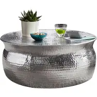 Wohnling Couchtisch 75x31x75cm Aluminium Silber Beistelltisch orientalisch rund Flacher Hammerschlag Sofatisch Metall Wohnzimmertisch modern