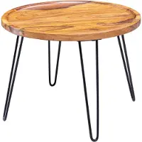 Wohnling Couchtisch Sheesham Massivholz 60x45x60 cm Wohnzimmertisch Rund Sofatisch mit Haarnadelbeine Kaffeetisch aus Holz und Metall