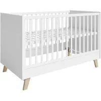Roba Kombi Kinderbett Smile 70 x 140 - Gitterbett umbaubar zu Juniorbett - Höhenverstellbar - 3 Schlupfsprossen - Füße aus Eiche massiv - Weiß
