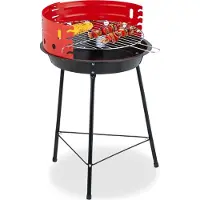 Relaxdays Holzkohlegrill, Ø 37 cm, Dreibein, Picknickgrill Garten & Park, Griller mit Windschutz, Rundgrill, schwarz/rot