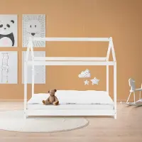 OEM Kinderbett für Kleinkinder, Holz Weiß, offene Dachkonstruktion, niedriger Rahmen, 80 cm breit, 90 cm hoch
