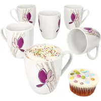 MamboCat 6er Set Viola Kaffeebecher 350ml Porzellan-Tassen 6 Personen Blumen Tee Kakao