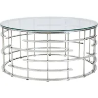 SalesFever Couchtisch Ø 90 cm | Tischplatte Sicherheitsglas 8 mm | Gestell rostfreier Edelstahl | B 90 x T 90 x H 42 cm | silber – klar