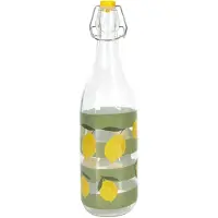WDMT Glas-Bügelverschlussflasche 1 Liter – Wiederverwendbare Wasserflasche mit Zitronendruck und grünen Streifen – Transparent