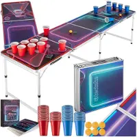 TecTake Aluminium Bierpongtisch, mit LED-Beleuchtung, bodenschonende Kunststofffüße, inklusive 100 Bechern, 6 Bällen und Kartentrinkspiel