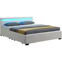 Juskys Polsterbett Lyon 140 x 200 cm weiß – Bettgestell mit Lattenrost, Bettkasten & LED Beleuchtung – Kunstleder & Holz – Bett Jugendbett