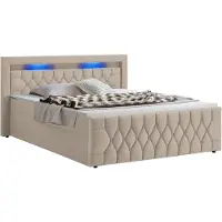 Juskys Boxspringbett Leona Samt 180x200 cm in Beige – mit LEDs, Topper & Federkern-Matratzen