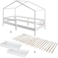 Roba Hausbett 90 x 200 cm - Kinderbett nach Montessori Prinzip - Inklusive Lattenrost, Schubladen, integriertem Rausfallschutz - Holz weiß lackiert