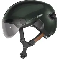 ABUS Stadthelm HUD-Y ACE - stylischer Fahrradhelm mit Visier und magnetischem, aufladbarem LED-Rücklicht - für Damen und Herren - Grün, Größe S (51-55 cm)