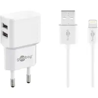Pro Apple Lightning Dual Ladeset 2,4 A, Netzteil mit 2x USB-Buchse und Apple Lightning-Kabel 1m (Weiß)