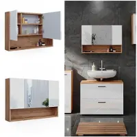 Vicco Badspiegelschrank Irma Weiß Hochglanz/Goldkraft Eiche 80.1 x 55 cm, Model 40506