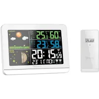 Miraval Funk-Wetterstation mit Farbdisplay Außensensor Schimmelwarner Hygrometer Barometer Datumsanzeige Mondphase Schwarz Frostalarm Wecker