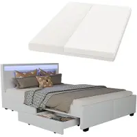 Juskys Polsterbett Lyon 140 x 200 cm mit Bettkasten, LED Beleuchtung, Lattenrost & Matratze - Kunstleder & Holz – Bett Bettgestell Jugendbett weiß