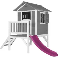 Axi Spielhaus Beach Lodge XL in Grau mit Rutsche in Lila | Stelzenhaus aus FSC Holz für Kinder | Kleiner Spielturm für den Garten