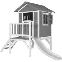 Axi Spielhaus Beach Lodge XL in Grau mit Rutsche in Weiß | Stelzenhaus aus FSC Holz für Kinder | Kleiner Spielturm für den Garten