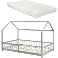En.casa Hausbett ‘Hesel’ für Kinder mit Matratze Rausfallschutz Lattenrost 140 x 200 cm Grau