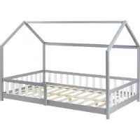 En.casa Hausbett ‘Hesel’ für Kinder mit Rausfallschutz Lattenrost 140 x 200 cm Grau
