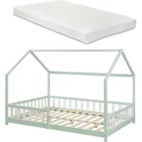 En.casa Hausbett ‘Hesel’ für Kinder mit Matratze Rausfallschutz Lattenrost 120 x 200 cm Mintgrün