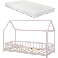 En.casa Hausbett ‘Hesel’ für Kinder mit Matratze Rausfallschutz Lattenrost 90 x 200 cm Rosa