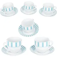 MamboCat Split türkis Kaffeetassen mit Untertassen für 6 Personen Porzellan Streifen Tee