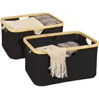 Wenko 2er Set Korb Ecori aus Polyester und Bambus in Schwarz 40 x 21,5 x 33 cm