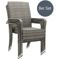 Juskys Polyrattan Gartenstühle Yoro 8er Set - mit Armlehnen & Rückenlehne - 8 Stühle stapelbar - Rattan Stuhl Garten - Stapelstuhl Grau-meliert