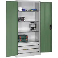 C+P CP-Möbel Werkzeugschrank 8921-503, aus Metall, grau / grün, mit 3 Schubladen & 4 Fachböden, abschließbar, 93 x 195 x 50 cm