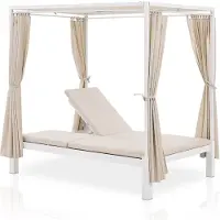 Juskys Doppel Loungebett Kreta - Gartenliege für 2 Personen - Dach & Rückenlehne verstellbar - Sonnenliege für Terrasse, Garten & Balkon - Liege Weiß
