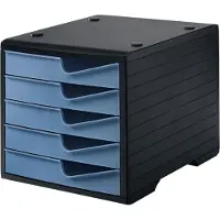 Styro Schubladenbox styroswing, 5 Schübe, Auszugsperre & Griffmulde, stapelbar, B 270 x T 340 x H 255 mm, Polystyrol, schwarz-taubenblau