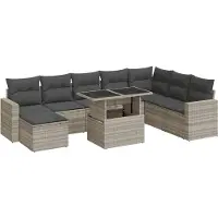 vidaXL 9-tlg. Garten-Sofagarnitur mit Kissen Hellgrau Poly Rattan