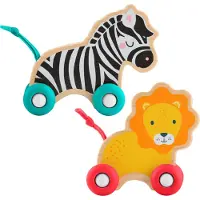 Fisher-Price Holz-Schiebetierchen, Spielfahrzeuge Löwe und Zebra, Krabbelspielzeug für Babys, 0,5 Jahr(e), Holz, Mehrfarbig