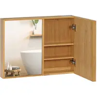 Aosom SPIEGELSCHRANK mit 3 Innenböden, Doppeltür, Bambus, Natur, 65,2 x 14 x 50 cm