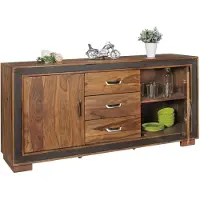 KADIMA DESIGN Rustikales Sideboard, Sheesham Massivholz, Kunstleder. 160x44x80 cm |