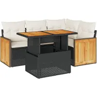 vidaXL 5tlg. Garten-Sofagarnitur mit Kissen Schwarz Poly Rattan Akazie