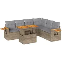 vidaXL 7-tlg. Garten-Sofagarnitur mit Kissen Beige Poly Rattan Akazie