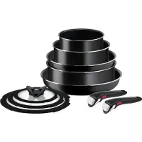 Tefal Ingenio EASY COOK & CLEAN Set 10tlg. (Pfannen 24/28cm + Kasserollen 16/20cm + Schmorpfanne 24cm + Glas-Deckel 16/20/24cm + 2 Griffe), Schwarz, Aluminium, Titan, Schwarz, Glas, Thermo-Punkt