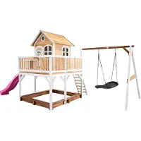 Axi Spielhaus Liam mit Sandkasten, Nestschaukel & lila Rutsche | Stelzenhaus XXL in Braun & Weiß aus Holz für Kinder | Spielturm mit Wellenrutsche & Schaukel für den Garten