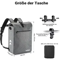 Wiltec Gepäckträgertasche grau, Fahrradtasche Rucksack 25 l Stauraum, Gepäcktasche mit Laptopfach, wasserresistente Fahrrad Tasche