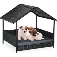 Relaxdays Hundeliege mit Dach, HxBxT: 81 x 90 x 68 cm, Polyrattan, erhöhtes Hundebett mit Kissen, outdoor, anthrazit