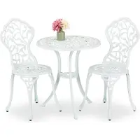 Relaxdays Gartenmöbel Set, 3-teilig, Tisch & 2 Stühle, Aluguss, Balkonmöbel mit Blättermuster, Garten Sitzgruppe, weiß