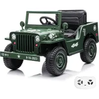 Vrooomy Willys Elektro-Armeeauto für Kinder 12V (1–6 Jahre) – Militär Jeep Retro Design, mit 2.4G Fernbedienung, EVA-Reifen & Ledersitz – Kinder Elektroauto Offroad – Grün
