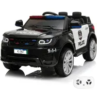 Vrooomy Land Rover Polizei Kinder Elektroauto 12V (1–6 Jahre) – Mit Fernbedienung, Sirene, LED & EVA-Reifen – Kinder Elektrofahrzeug Polizeiauto mit 2 Motoren – Schwarz