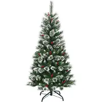 Costway 150cm Künstlicher Weihnachtsbaum mit roten Beeren, schneebedeckter Tannenbaum mit Metallständer, Christbaum PVC- und Tannennadeln, Kunstbaum Weihnachten Klappsystem