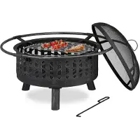 Relaxdays Feuerschale mit Grillrost & Funkenschutz, Schürhaken, Kohlerost, Ø 75 cm, Feuerstelle Garten, schwarz/silber