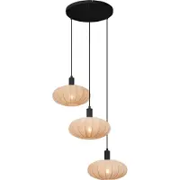 QAZQA - Japandi Japandi Hängelampe I Pendellampe I Pendelleuchte Schwarz mit braunem Stoffschirm 3-flammig - Bida I Wohnzimmer I Schlafzimmer - Textil Rund - LED geeignet E27