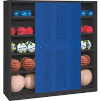 C+P Ballschrank mit Lochblech-Schiebetüren (Typ 4), HxBxT 195x120x50 cm, Enzianblau (RAL 5010), Anthrazit (RAL 7021), Gleichschließung