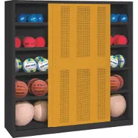 C+P Ballschrank mit Lochblech-Schiebetüren (Typ 4), HxBxT: 195x120x60 cm, Goldgelb (RAL 1004), Anthrazit (RAL 7021), Gleichschließung