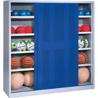 C+P Ballschrank mit Lochblech-Schiebetüren (Typ 4), HxBxT: 195x120x40 cm, Enzianblau (RAL 5010), Lichtgrau (RAL 7035), Gleichschließung